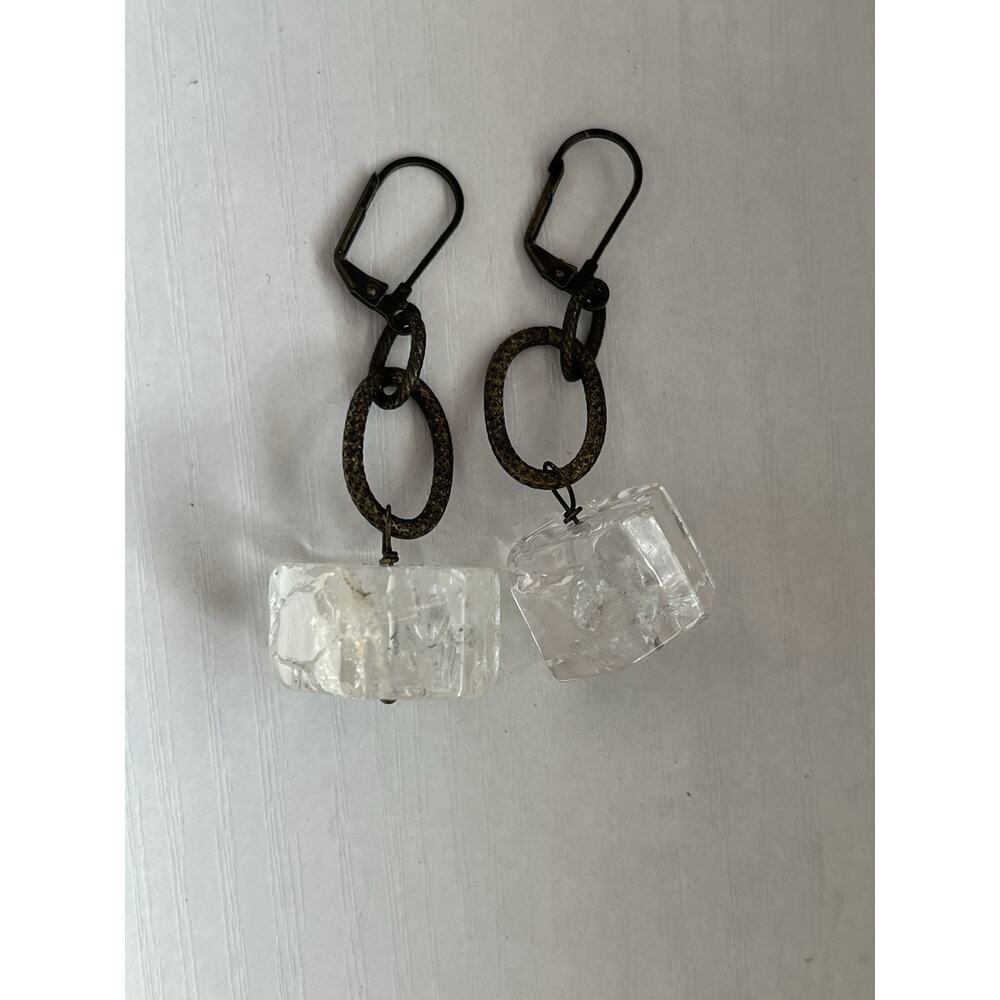 Antique bronze Quartz Crystal Clear Cubed Hexagon drop Earrings, Unique Heavy - Picture 3 of 5